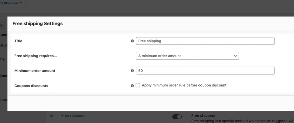 The WooCommerce Free shipping settings with a minimum order amount of 50