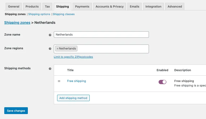 A WooCommerce shipping zone with a Free shipping method