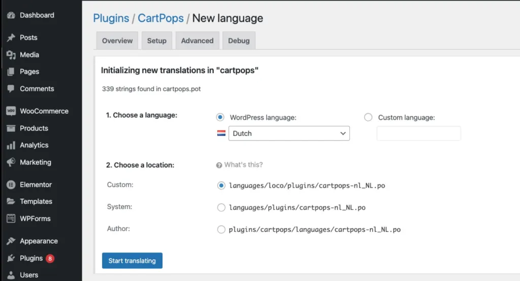 Choose a language and a save location in Loco Translate