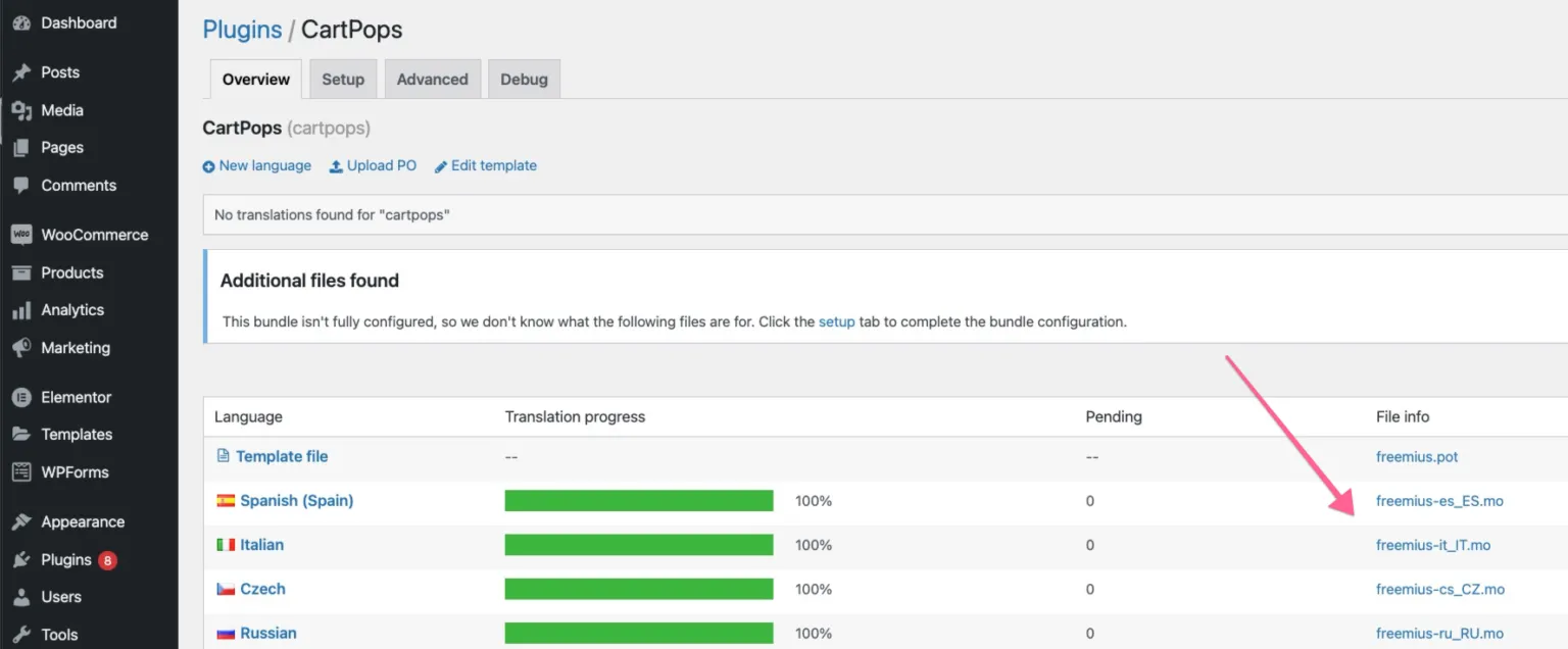 The Loco Translate overview for CartPops