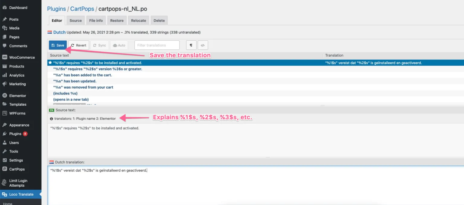 Edit and save a translation in Loco Translate