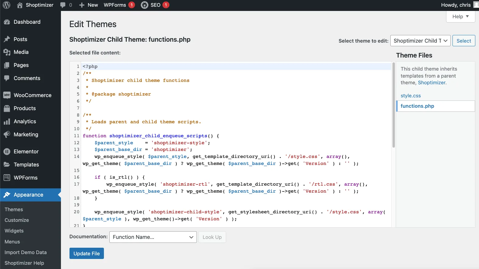 The Shoptimizer child theme functions.php file in the WordPress theme editor