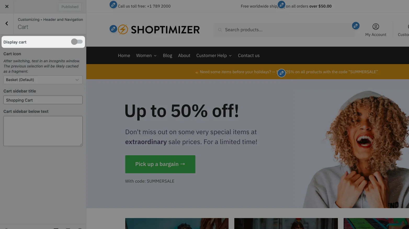 Shoptimizer cart settings with Display cart turned off
