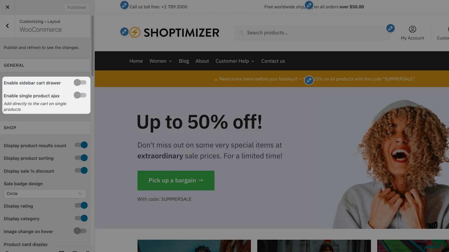 Shoptimizer layout settings with the sidebar cart drawer and single product ajax turned off