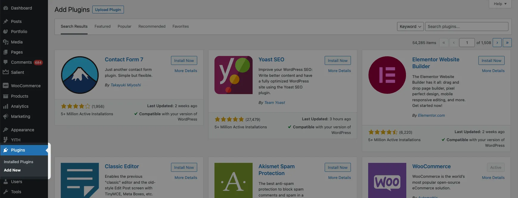 The Add Plugins screen in WordPress
