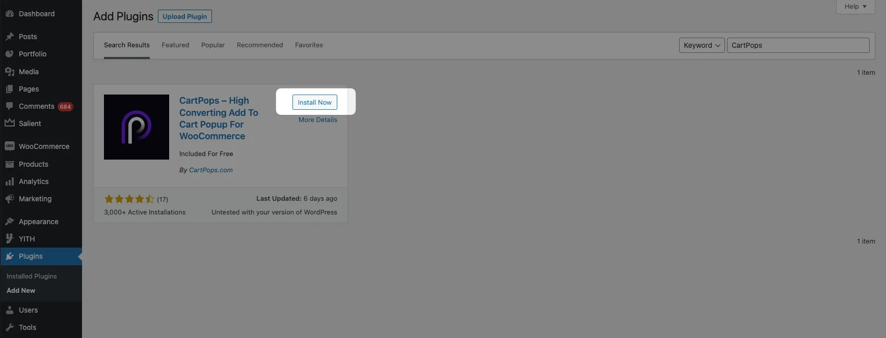 The Install Now button in WordPress