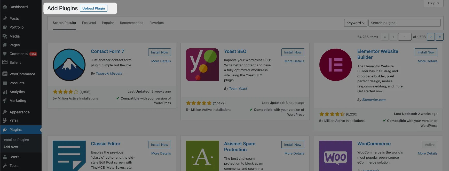 The Upload Plugin button on the Add Plugins screen